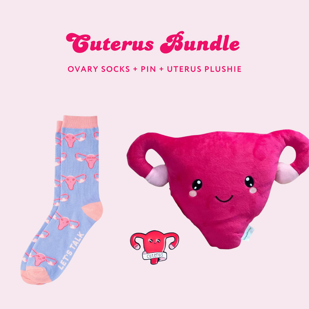 Cuterus Bundle with ovary socks, pin, and uterus plushie on a light pink background