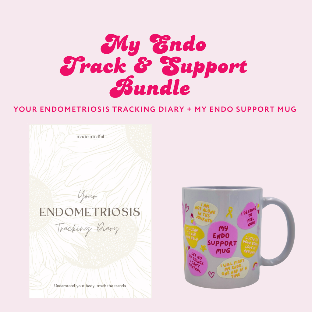 Endometriosis tracking diary and support mug bundle on a pink background